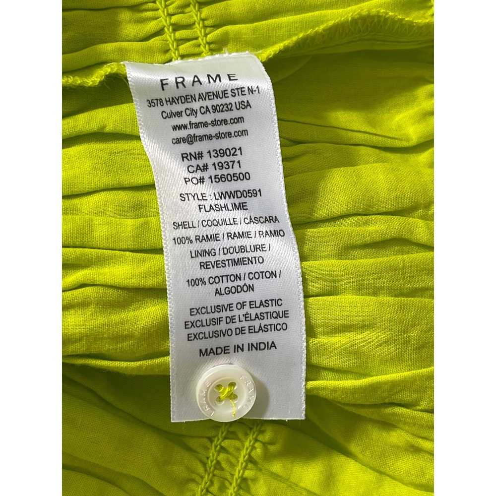 FRAME Smocked Shirt Dress Flash Lime Ramie Mini Puff Sleeve LWWD0591 Medium New - Picture 8 of 10